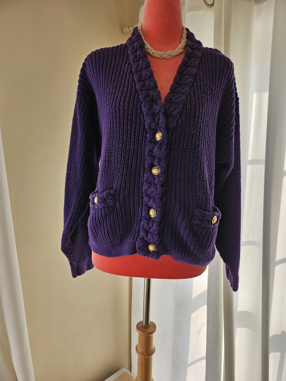 Deep Purple Braided-Trim Gold Button Cardigan & Multi Strand Faux Pearl Necklace